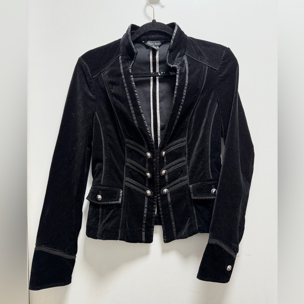 White House Black Market Blazer Womens 6 Black Velvet Ruffle Edwardian Victorian